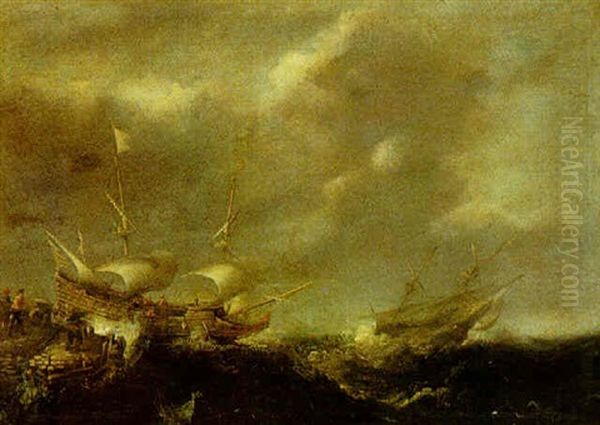 Dutch Ships Off The Coast In Heavy Seas Oil Painting by Bonaventura Peeters the Elder