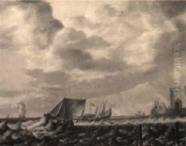 A Wijdschip Sailing Close-hauled Off A Quay, Other Ships Nearby Oil Painting by Bonaventura Peeters the Elder