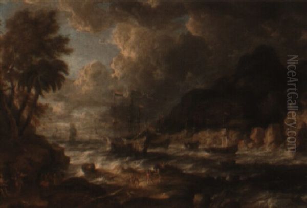 A Brazilian Harbour Scene With Dutch Shipping In Choppy Seas Oil Painting by Bonaventura Peeters the Elder