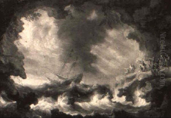 A Merchantman Foundering Off A Rocky Coast In A Gale Oil Painting by Bonaventura Peeters the Elder