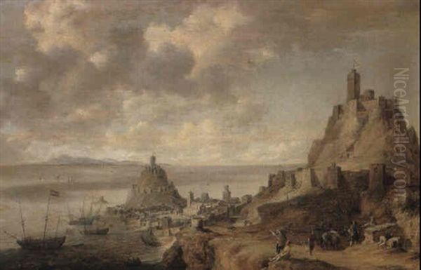 View With Fortified Castles Displaying Spanish Soltire Flag And Dutch Ships by Bonaventura Peeters the Elder