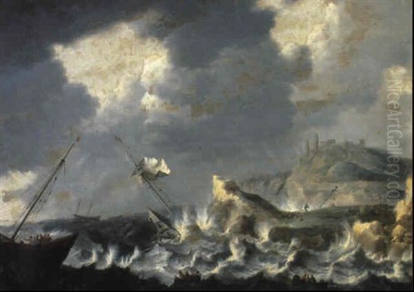 Shipwrecks In Choppy Seas Off A Rocky Coast Oil Painting by Bonaventura Peeters the Elder