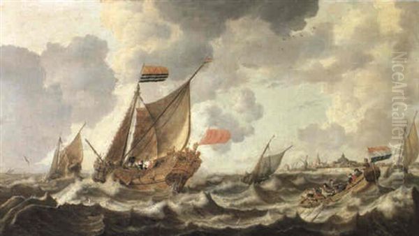 Rowing Vessel Approaching A Zeeland States Yacht Firing A Salute Oil Painting by Bonaventura Peeters the Elder