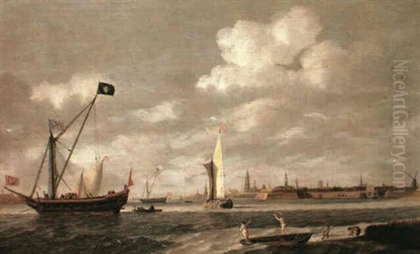 Dignitaries In A Rowing Boat Approaching A State Yacht At   Anchor In Mid Estuary Before The Walls Of The City Of Oil Painting by Bonaventura Peeters the Elder