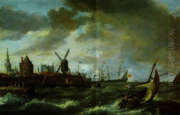 Boote Auf Sturmischer See Vor Einer Befestigten Stadt Oil Painting by Bonaventura Peeters the Elder