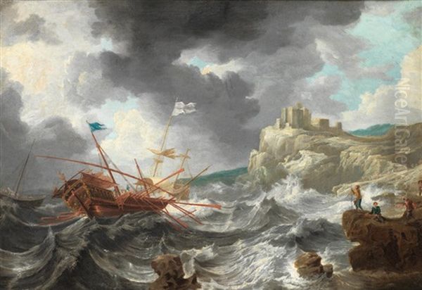 Spanish And English Galleons Foundering In Stormy Waters With Figures Watching On From A Rocky Coastline With A Spanish Fortress Beyond Oil Painting by Jan Peeters the Elder