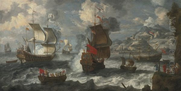 Shipping Off The Coast Near A Mediterranean Town Oil Painting by Jan Peeters the Elder