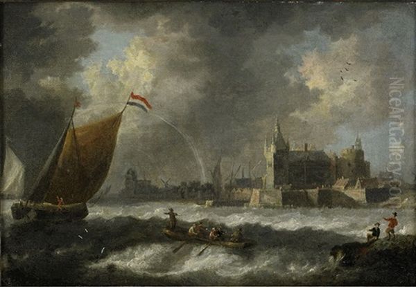 Kustlandskap Med Segelfartyg Och Antwerpen I Fonden Oil Painting by Jan Peeters the Elder