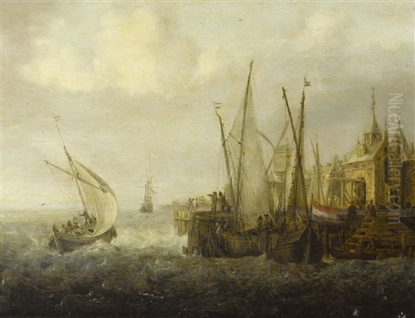 Shipping In Choppy Seas Off A Harbour Oil Painting by Jan Peeters the Elder