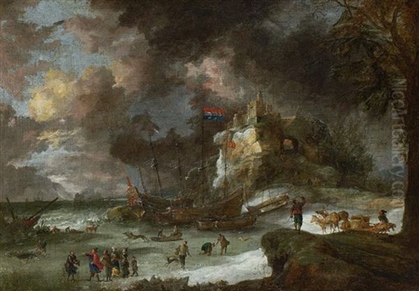 Winterliche Kustenlandschaft Mit Schiffen Und Rentierschlitten Auf Dem Eis Oil Painting by Jan Peeters the Elder