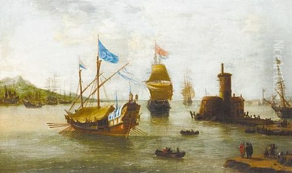 Shipping Approaching A Harbor In A Calm, Villages On The Horizon Oil Painting by Jan Peeters the Elder