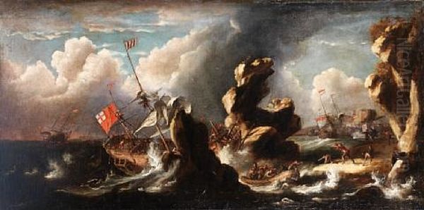 A Rocky Coastline With A Ship Running Aground In A Storm Oil Painting by Jan Peeters the Elder