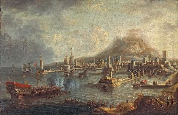 A Capriccio Of A Mediterranean Port With Ships In A Busy Harbor Oil Painting by Jan Peeters the Elder