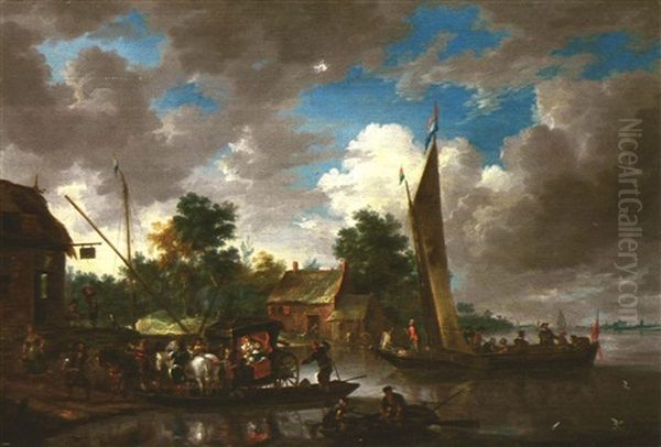 Ankunft Einer Herrschaftlichen Kutsche Vor Einer Herberge Am Ufer Mit Booten Oil Painting by Jan Peeters the Elder