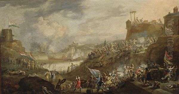 A Battle Scene Between Dutch And Turkish Soldiers With Artillery, Near A Fortress On A Mediterranean Coast, A Naval Battle In The Bay Nearby Oil Painting by Jan Peeters the Elder