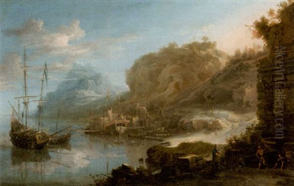 A Coastal Inlet With Moored Shipping And Figures On The Shore Oil Painting by Jan Peeters the Elder