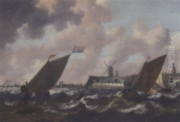 Shipping In Choppy Seas, A Town Beyond Oil Painting by Jan Peeters the Elder