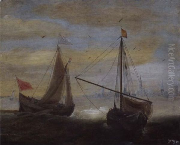 Zwei Fischerboote Auf Der Schelde Bei Bewegter See, Mit Blick Auf Antwerpen Oil Painting by Jan Peeters the Elder