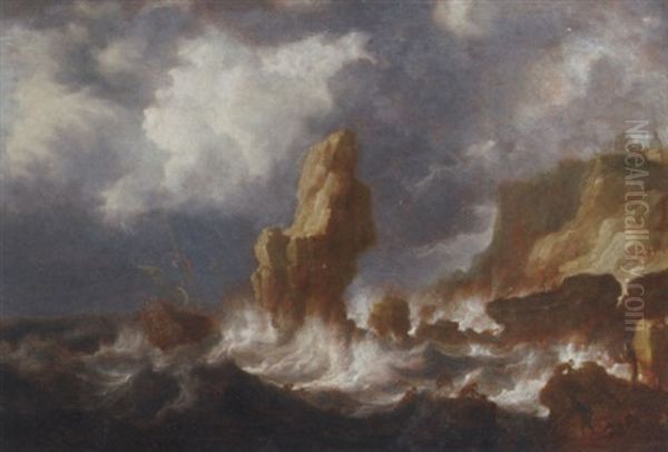 A Shipwrecked Three Master Off A Rocky Coast In A Gale, Survivors In The Foreground Oil Painting by Jan Peeters the Elder