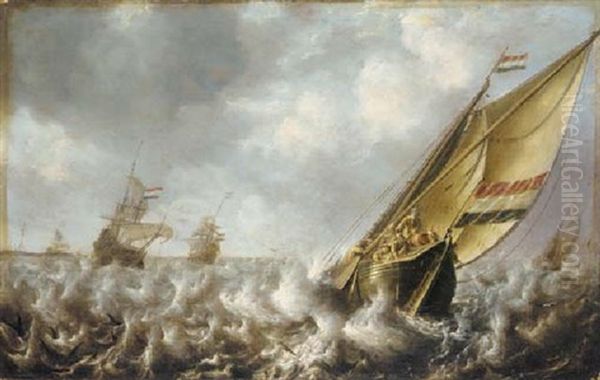 A Dutch Kaag And Other Shipping In Choppy Seas Oil Painting by Jan Peeters the Elder