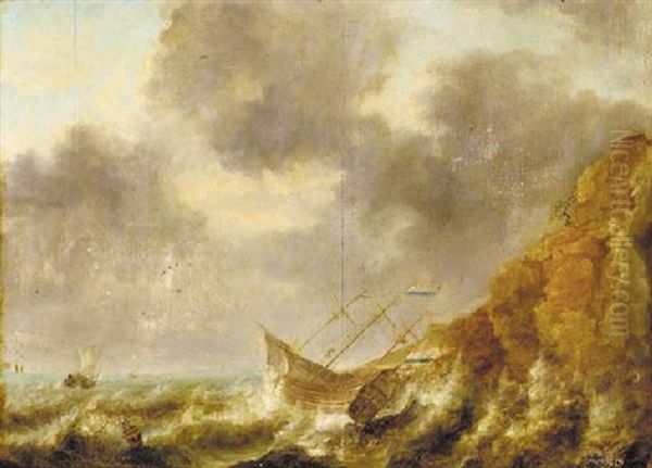 A Shipwreck Off A Rocky Coastline Oil Painting by Jan Peeters the Elder