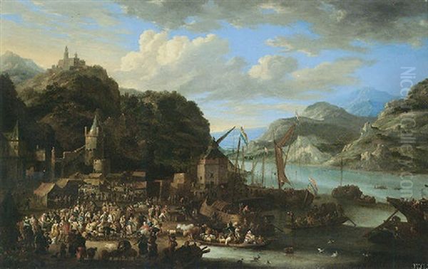 Mountainous River Landscape With Boats Unloading At A Crowded Quayside Market Oil Painting by Jan Peeters the Elder