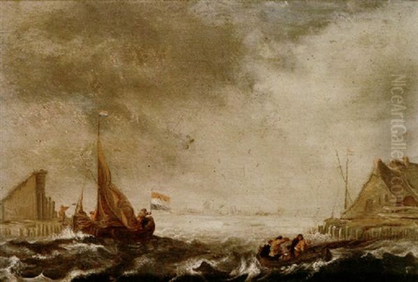 An Estuary Scene With Sailing Vessels In Choppy Seas Oil Painting by Jan Peeters the Elder