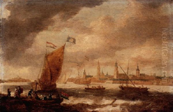 Shipping Vessels On Choppy Seas With Figures Disembarking A Fishing Boat, A View Of Antwerp Beyond Oil Painting by Jan Peeters the Elder