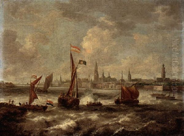 Shipping Vessels On Choppy Seas Off The Coast Of Antwerp Oil Painting by Jan Peeters the Elder