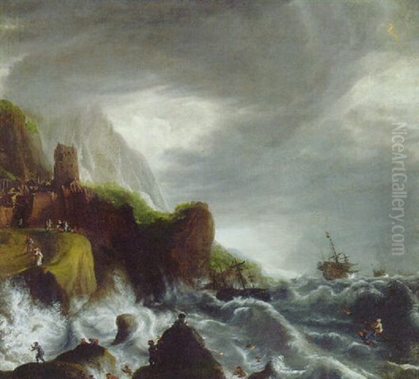 A Storm At Sea With Survivors From A Shipwreck On A Rocky Coastline, A Fortified Town Beyond Oil Painting by Jan Peeters the Elder