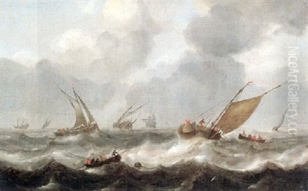 Fishing Boats In Heavy Seas Oil Painting by Jan Peeters the Elder