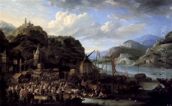 A Mountainous River Landscape With A Crowded Market Scene, A Castle On Top Of A Hill Beyond Oil Painting by Jan Peeters the Elder