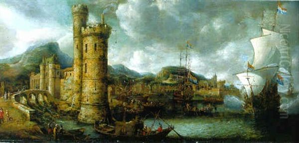 A Mediterranean Port With A Man-of-war Firing A Salute And Other Shipping Moored In The Harbour Oil Painting by Jan Peeters the Elder