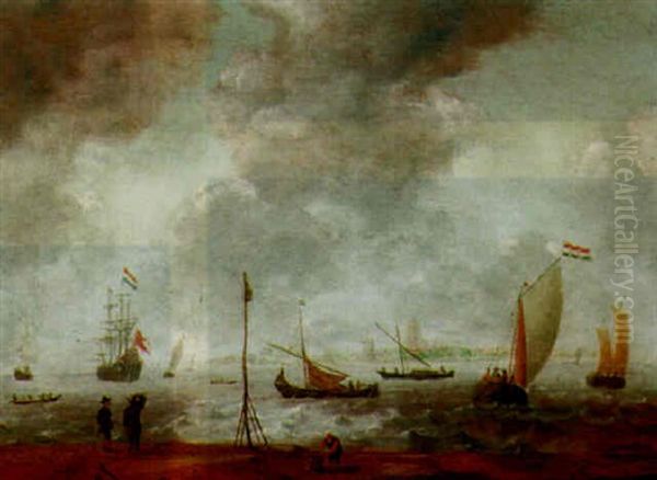 An Estuary Scene With Small Dutch Vessels In A Short Chop, A Man-o'-war At Anchor, And Figures On A Beach In The Foreground Oil Painting by Jan Peeters the Elder