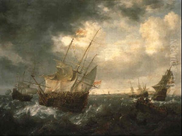 A Man-of-war Lowering Sails As A Storm Approaches Oil Painting by Jan Peeters the Elder