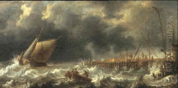 A Small Vessel On A Stormy Sea Watched By Figures On A Pier Oil Painting by Jan Peeters the Elder