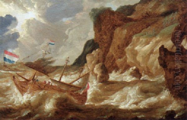 A Man-o`-war Foundering Off A Rocky Coastline In A Storm Oil Painting by Bonaventura Peeters the Younger