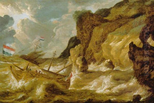 A Man-o'-war Foundering In A Storm Off A Rocky Coastline Oil Painting by Bonaventura Peeters the Younger