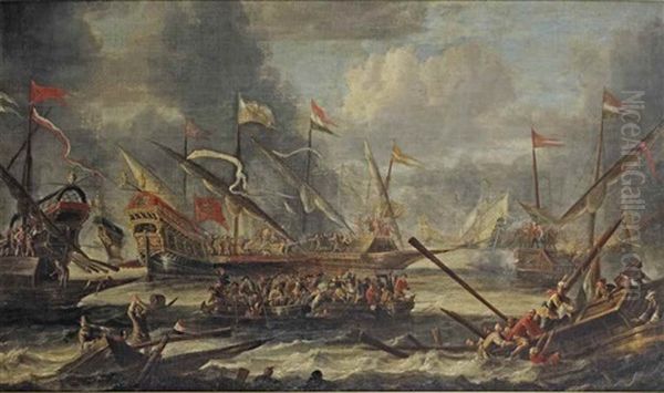 A Naval Battle On Choppy Waters Oil Painting by Catharina Peeters