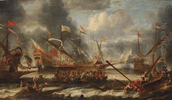 A Naval Battle On Choppy Waters Oil Painting by Catharina Peeters