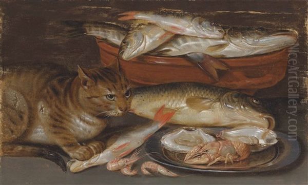 A Cat Sitting On A Table By A Bowl Of Fish And A Pewter Plate, With Two Oysters, A Crayfish And Shrimps Oil Painting by Clara Peeters