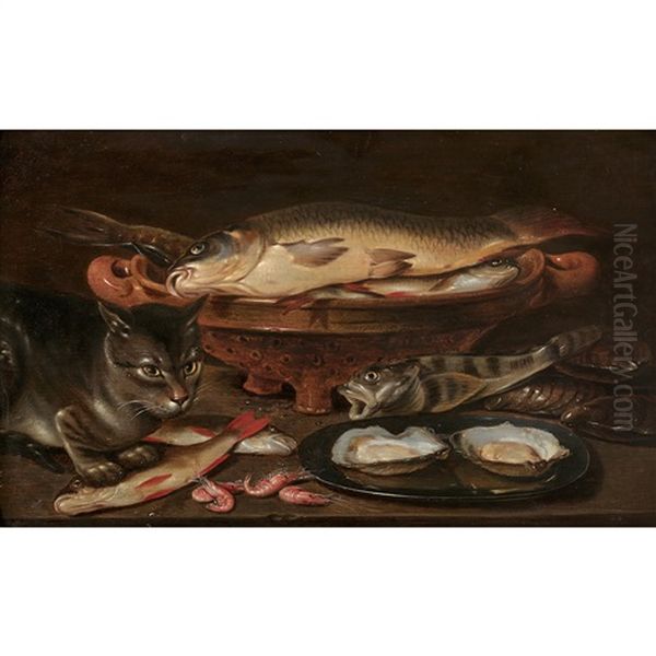 Nature Morte Aux Poissons, Huitres, Crevettes, Animee D'un Chat Oil Painting by Clara Peeters