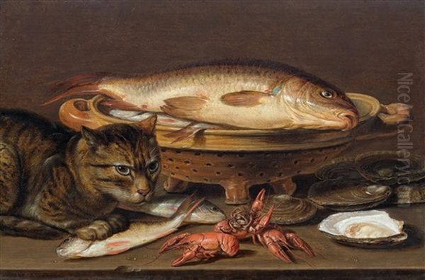 Still Life With Cat, Fish, Oysters And Crayfish Oil Painting by Clara Peeters