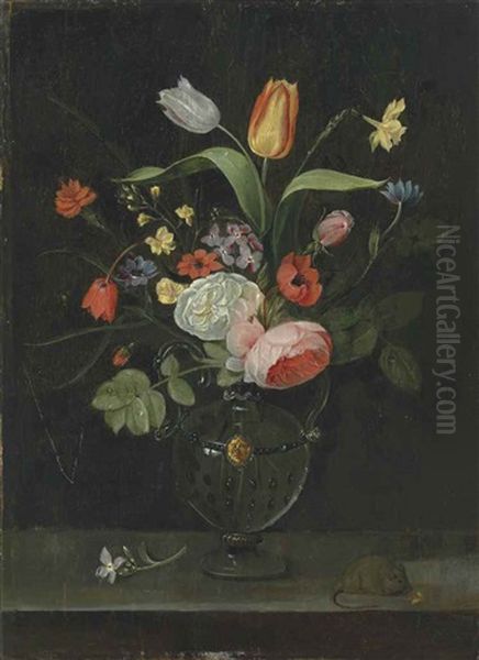 Roses, Tulips, A Daffodil And Other Flowers In A Glass Vase, On A Stone Ledge With A Mouse Oil Painting by Clara Peeters