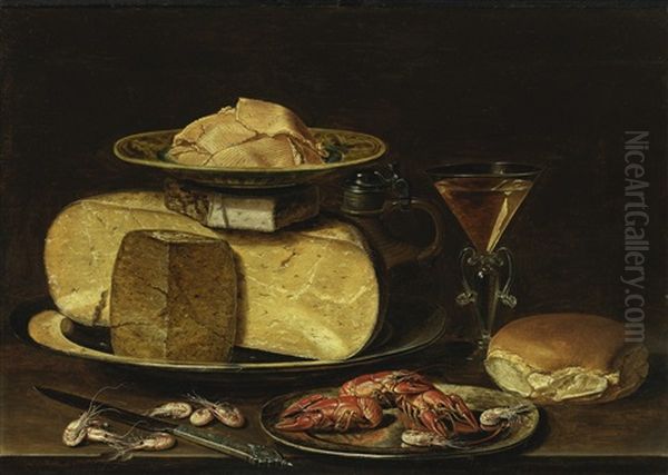 Slices Of Butter On A Wanli 'kraak' Porcelain Dish, A Stack Of Cheese On A Pewter Plate, With A Jug, A Facon-de-venise Wineglass, A Bun, Crayfish On A Pewter Plate, A Knife And Shrimp On A Table Oil Painting by Clara Peeters