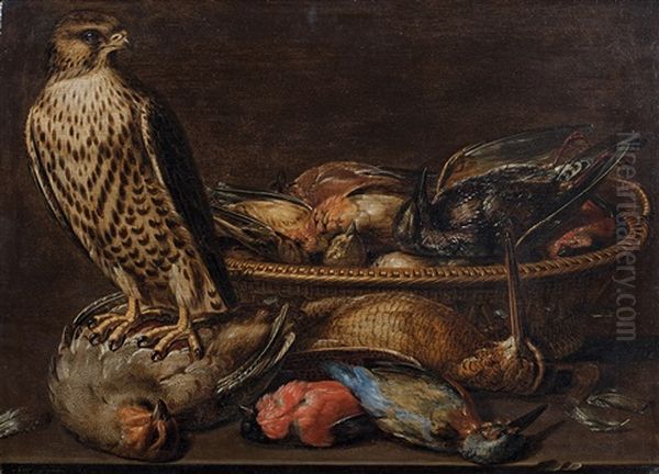 Faucon Crecerelle Sur Une Nature Morte Aux Perdreau Gris, Becasse, Martin-pecheur, Bouvreuil Et Dans Le Panier: Sansonnet, Rouge-gorge Et Passereau Oil Painting by Clara Peeters