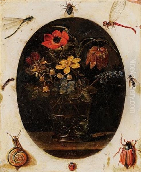 Bouquet De Fleurs Dans Un Vase Entoure D'insectes Oil Painting by Clara Peeters