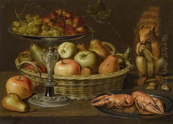 Fruchtestilleben Auf Einer Tischplatte Mit Einem Eichhornchen, Trauben Auf Einem Silbertazza, Birnen Und Apfel In Einem Weidenkorb, Langusten Auf Einem Silberteller by Clara Peeters