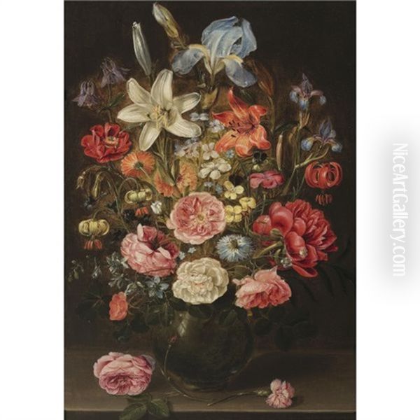 A Still Life Of Lilies, Roses, Iris, Pansies, Columbine, Love-in-a-mist, Larkspur And Other Flowers In A Glass Vase On A Table Top, Flanked By A Rose And A Carnation Oil Painting by Clara Peeters