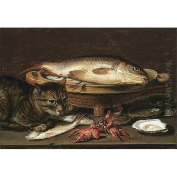 A Still Life With Fish In A Ceramic Colander, Oysters, Langoustines, Mackerel And A Cat On The Ledge Beneath Oil Painting by Clara Peeters